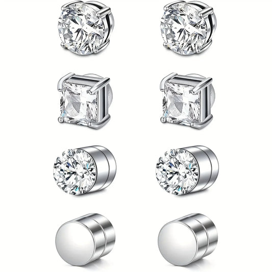 1 par de brincos de pressão magnéticos de cristal, estilo punk, com zircônia cúbica redonda.