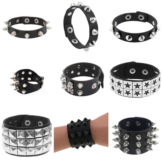 Pulseira Bracelete Gótica Punk Hip Hop Rock com Tachas de Espigão e Rebites em Couro PU